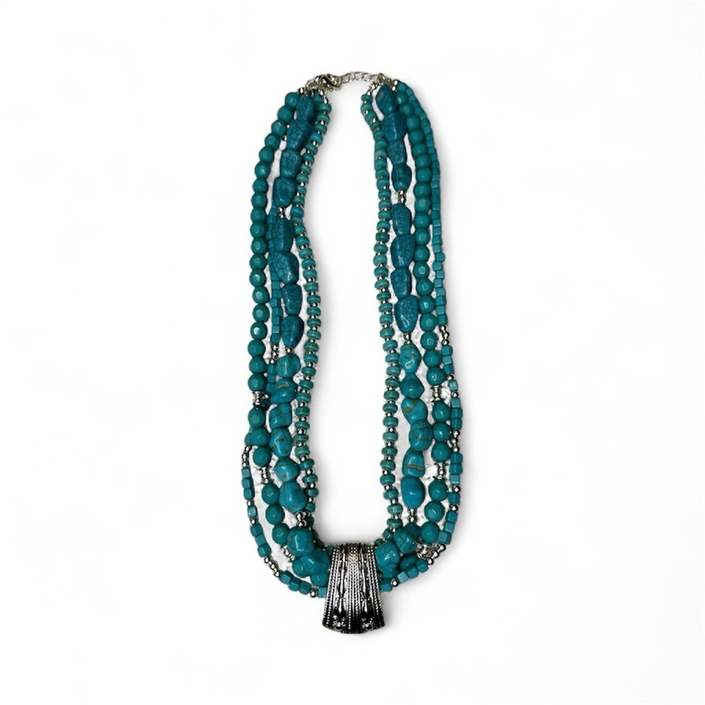 Turquoise Beaded Necklace with Silver Pendant - Picture 3 of 4
